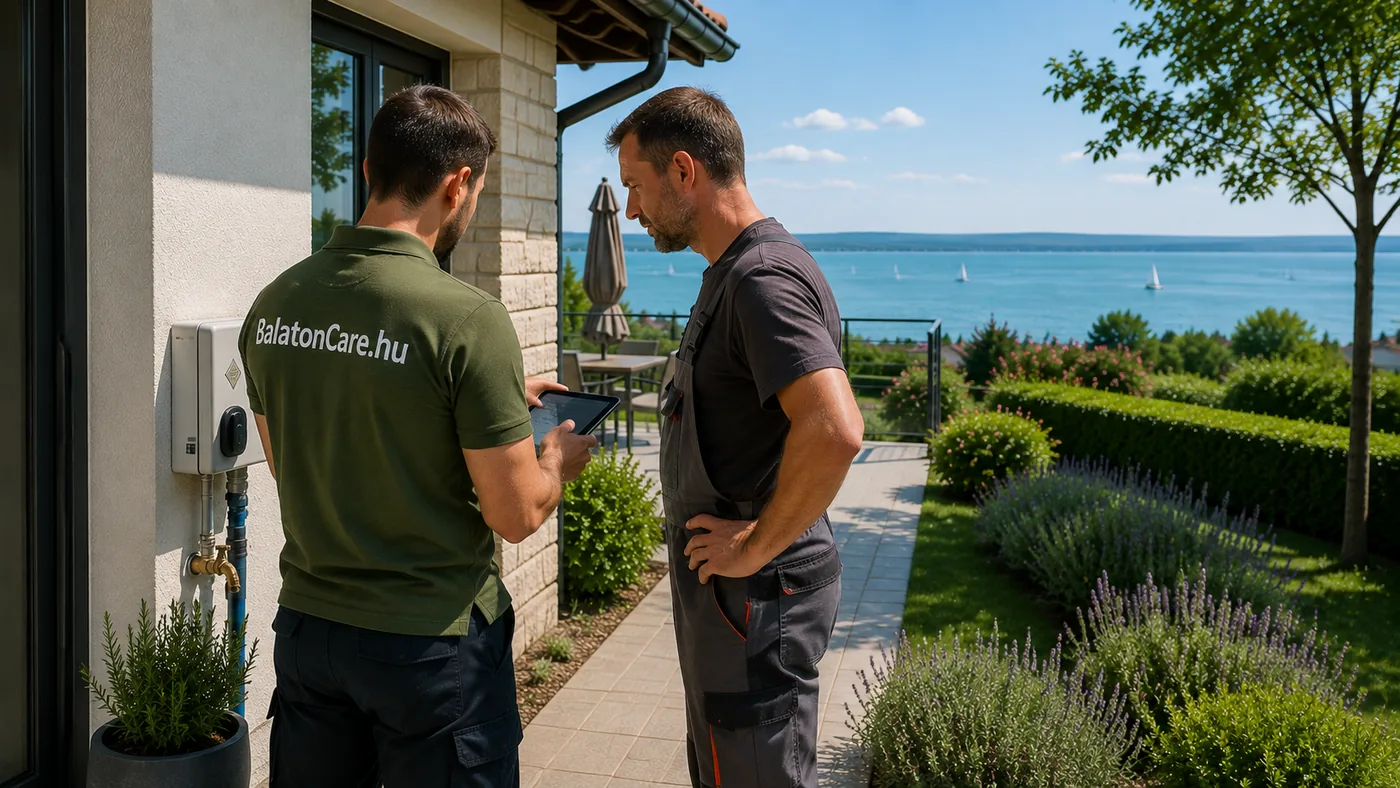 BalatonCare munkatárs szakemberrel egyeztet egy balatoni ingatlannál